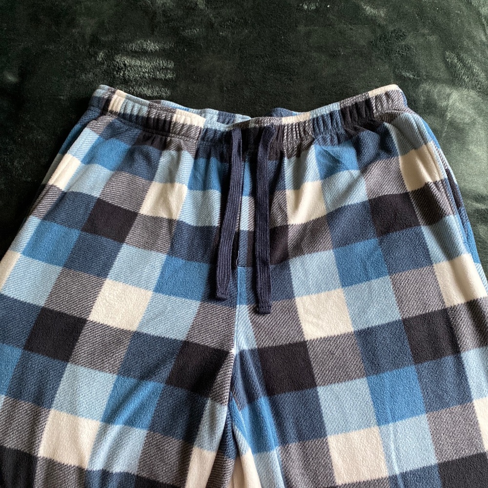 Blue and white fleece pajama pants